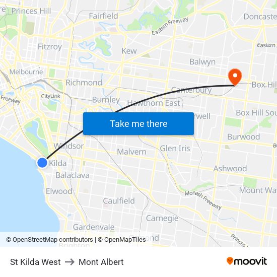 St Kilda West to Mont Albert map