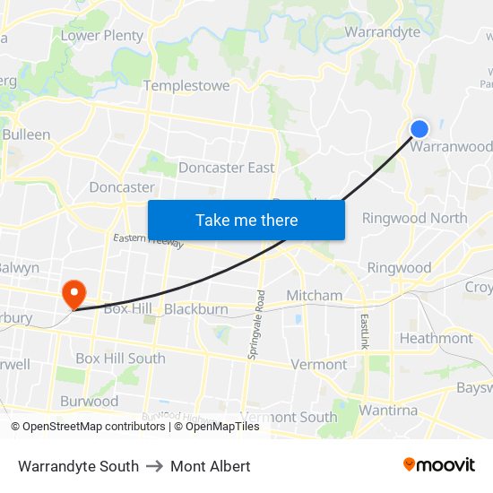 Warrandyte South to Mont Albert map