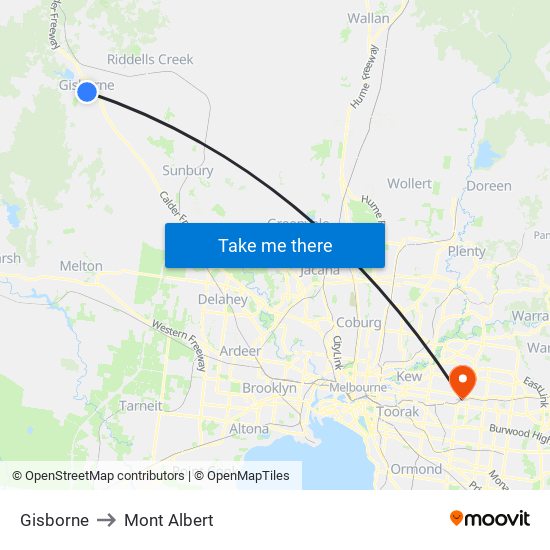 Gisborne to Mont Albert map