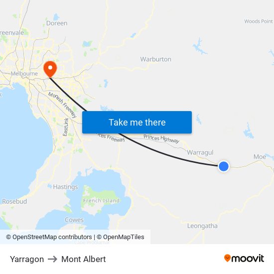 Yarragon to Mont Albert map