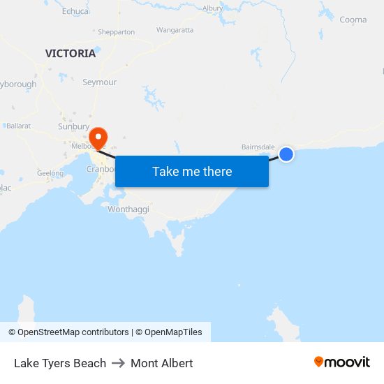 Lake Tyers Beach to Mont Albert map