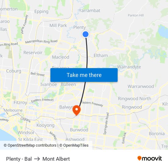 Plenty - Bal to Mont Albert map