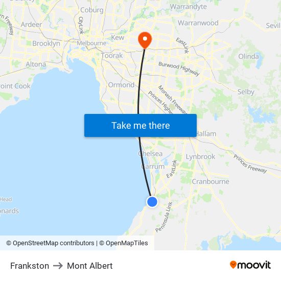 Frankston to Mont Albert map