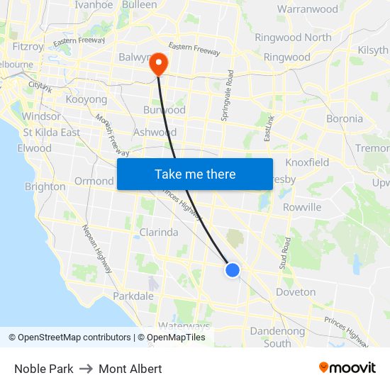 Noble Park to Mont Albert map