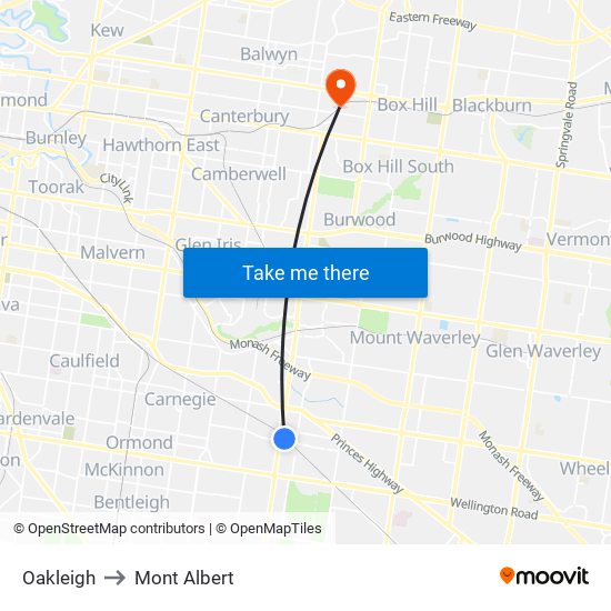 Oakleigh to Mont Albert map