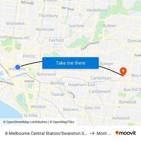 8-Melbourne Central Station/Swanston St (Melbourne City) to Mont Albert map