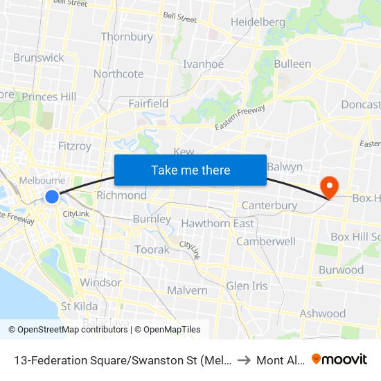 13-Federation Square/Swanston St (Melbourne City) to Mont Albert map