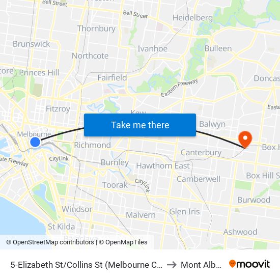 5-Elizabeth St/Collins St (Melbourne City) to Mont Albert map