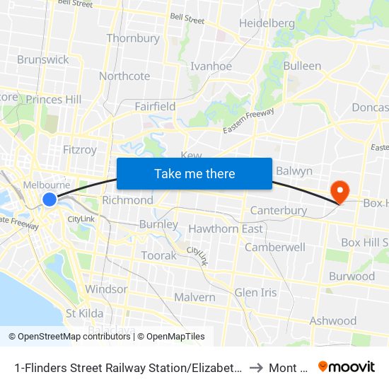 1-Flinders Street Railway Station/Elizabeth St (Melbourne City) to Mont Albert map