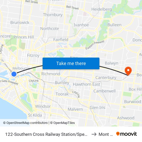 122-Southern Cross Railway Station/Spencer St (Melbourne City) to Mont Albert map