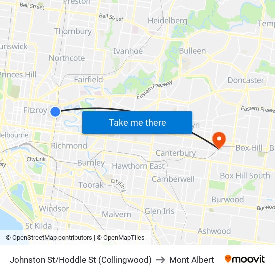 Johnston St/Hoddle St (Collingwood) to Mont Albert map