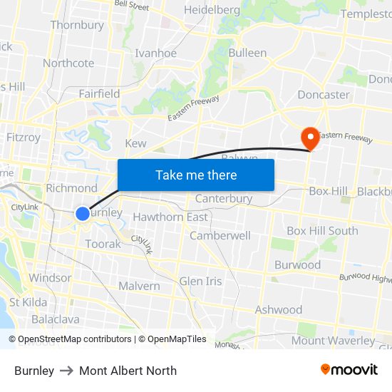 Burnley to Mont Albert North map