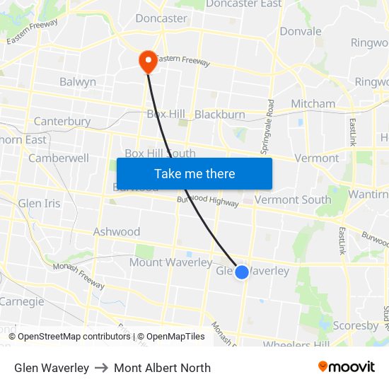 Glen Waverley to Mont Albert North map