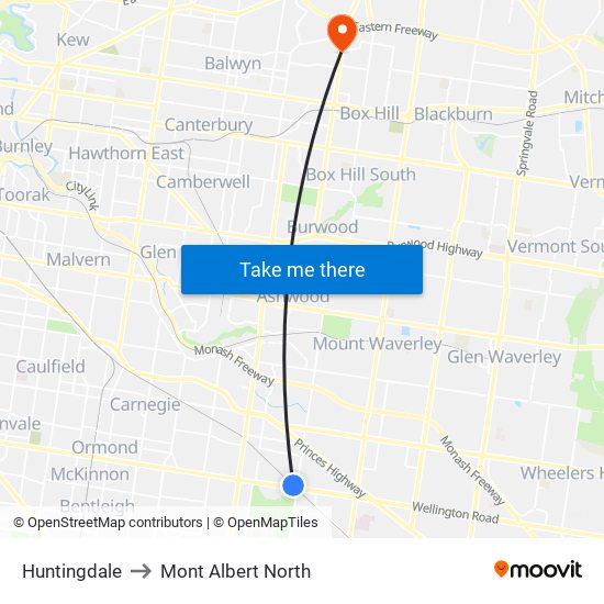 Huntingdale to Mont Albert North map