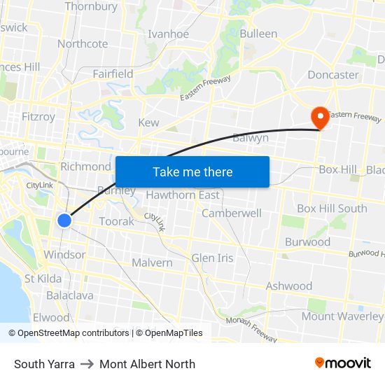 South Yarra to Mont Albert North map