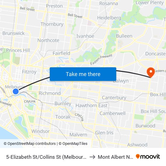 5-Elizabeth St/Collins St (Melbourne City) to Mont Albert North map