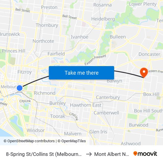 8-Spring St/Collins St (Melbourne City) to Mont Albert North map