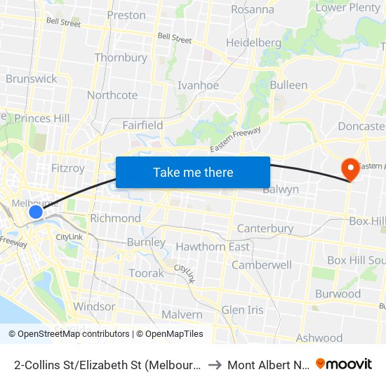 2-Collins St/Elizabeth St (Melbourne City) to Mont Albert North map