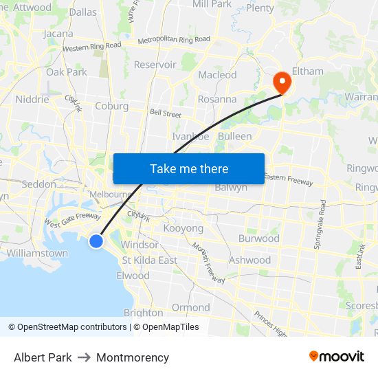 Albert Park to Montmorency map