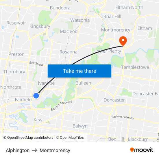 Alphington to Montmorency map