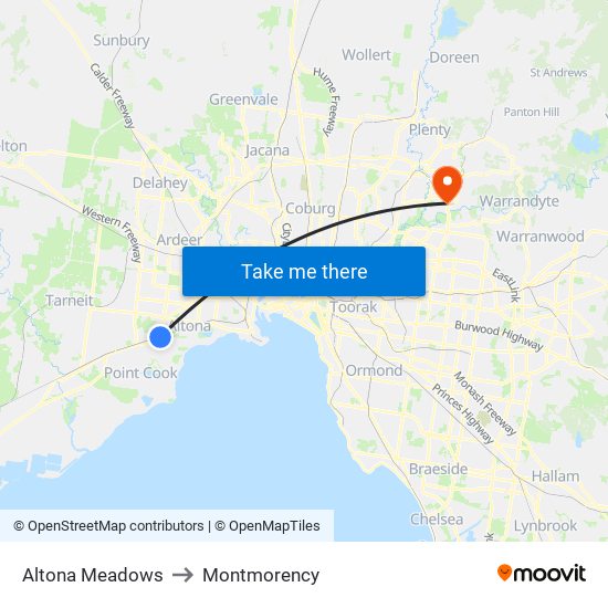 Altona Meadows to Montmorency map