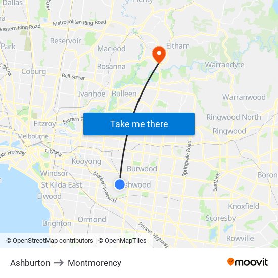 Ashburton to Montmorency map