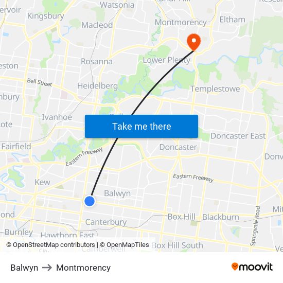 Balwyn to Montmorency map
