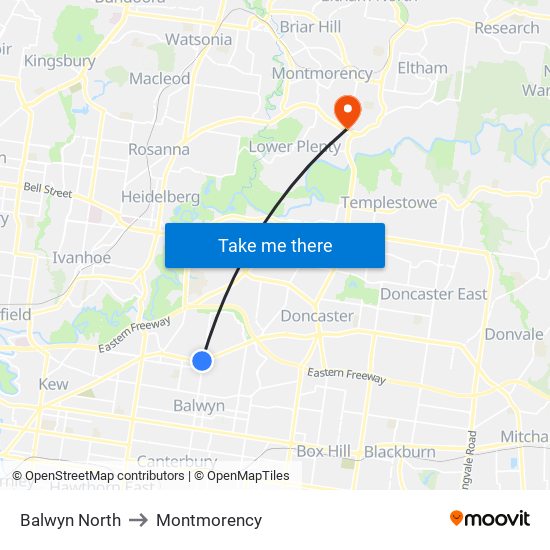 Balwyn North to Montmorency map