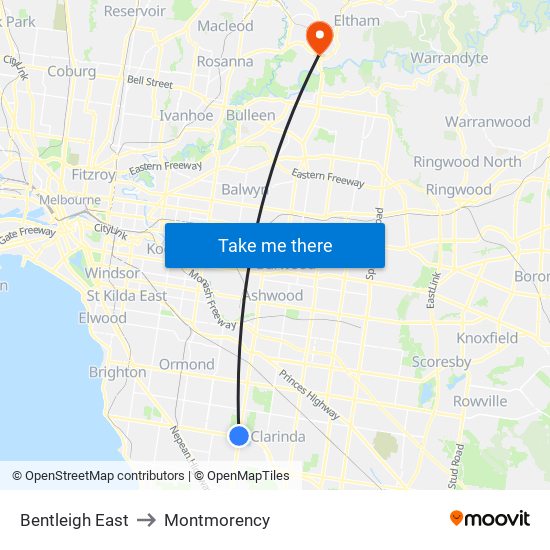 Bentleigh East to Montmorency map