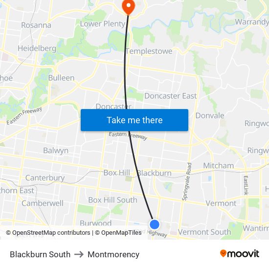 Blackburn South to Montmorency map