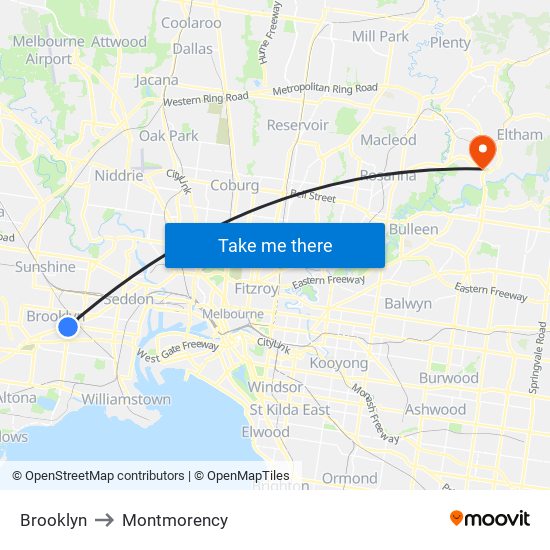 Brooklyn to Montmorency map