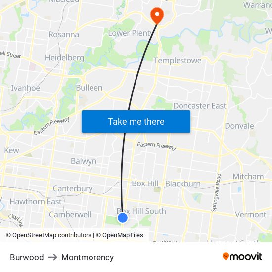 Burwood to Montmorency map