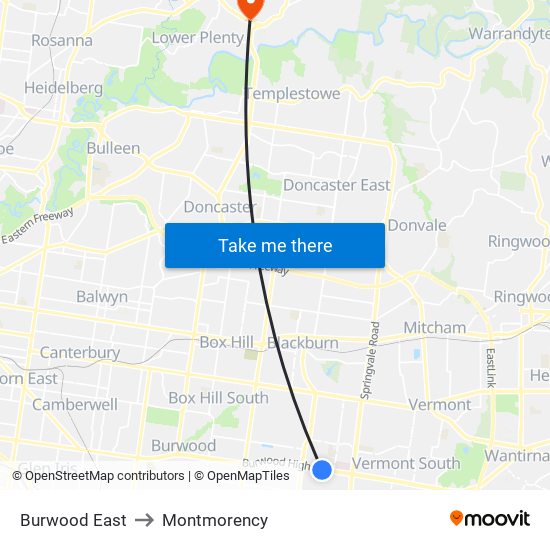 Burwood East to Montmorency map