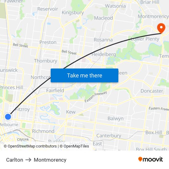 Carlton to Montmorency map