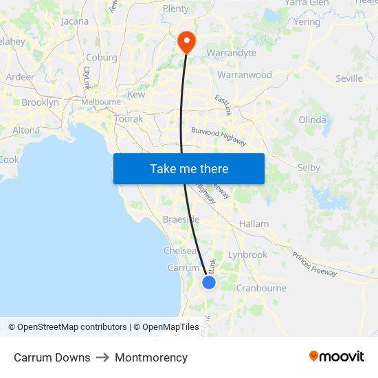 Carrum Downs to Montmorency map