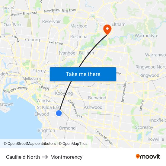 Caulfield North to Montmorency map