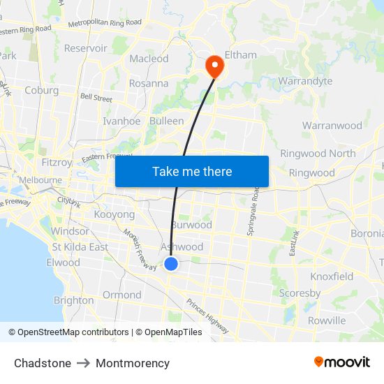 Chadstone to Montmorency map