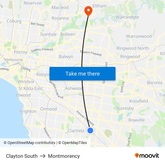 Clayton South to Montmorency map