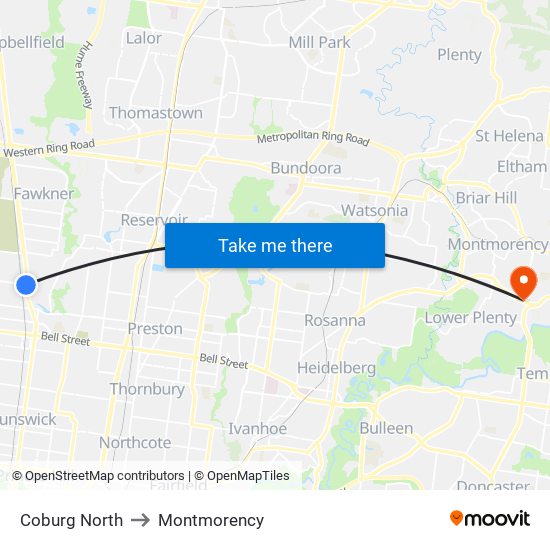 Coburg North to Montmorency map