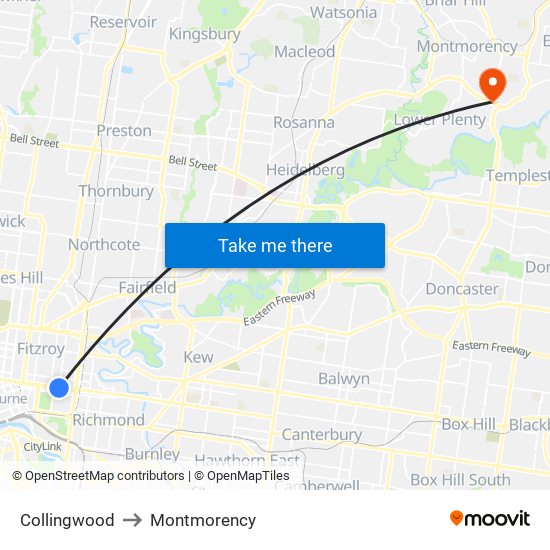 Collingwood to Montmorency map
