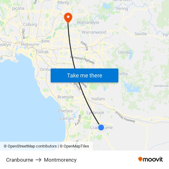 Cranbourne to Montmorency map