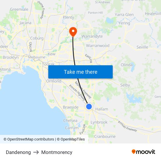 Dandenong to Montmorency map