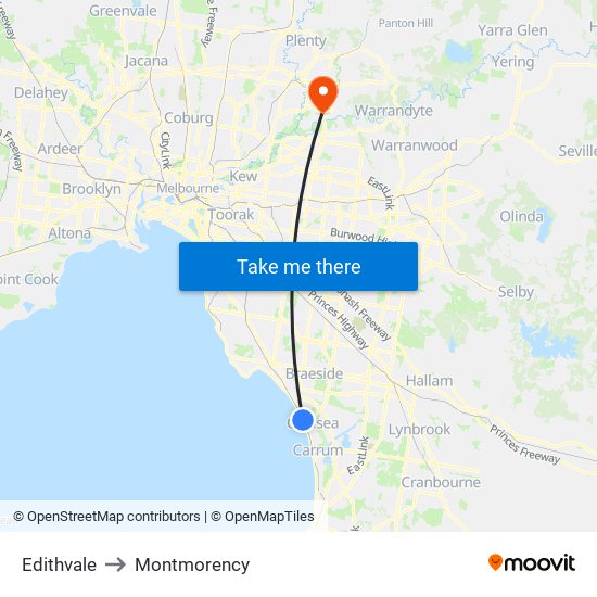 Edithvale to Montmorency map