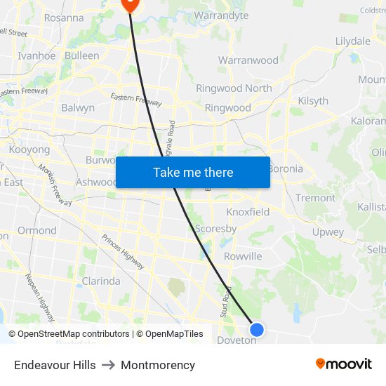 Endeavour Hills to Montmorency map