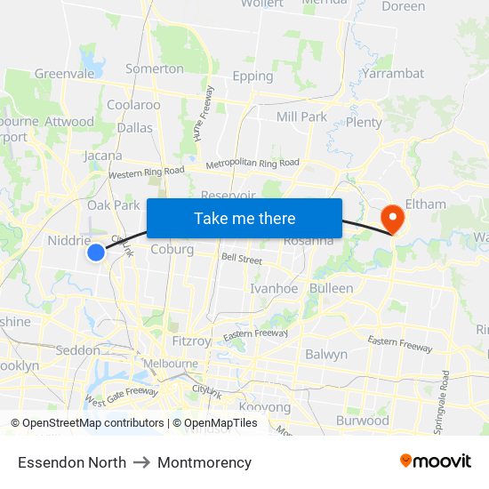 Essendon North to Montmorency map