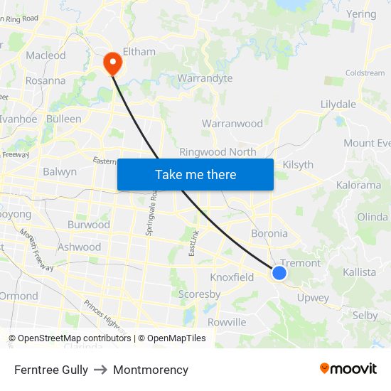 Ferntree Gully to Montmorency map