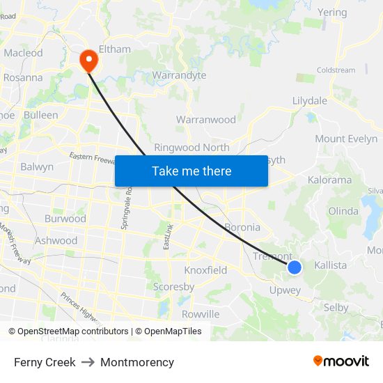 Ferny Creek to Montmorency map