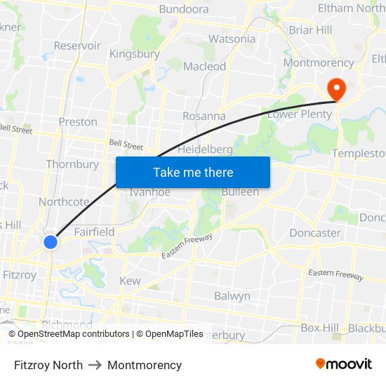 Fitzroy North to Montmorency map