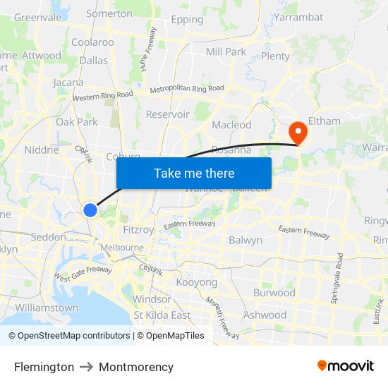 Flemington to Montmorency map