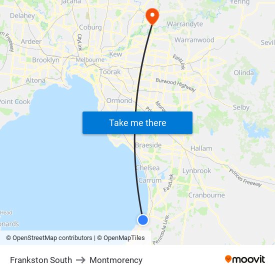 Frankston South to Montmorency map